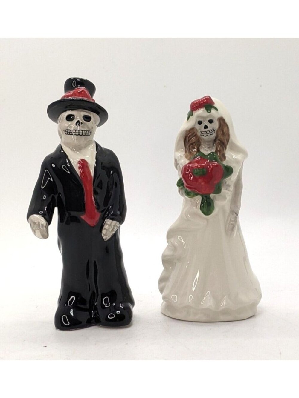 Skeleton Salt and Pepper Shakers Wedding Bride Groom Ceramic Halloween 4.5"